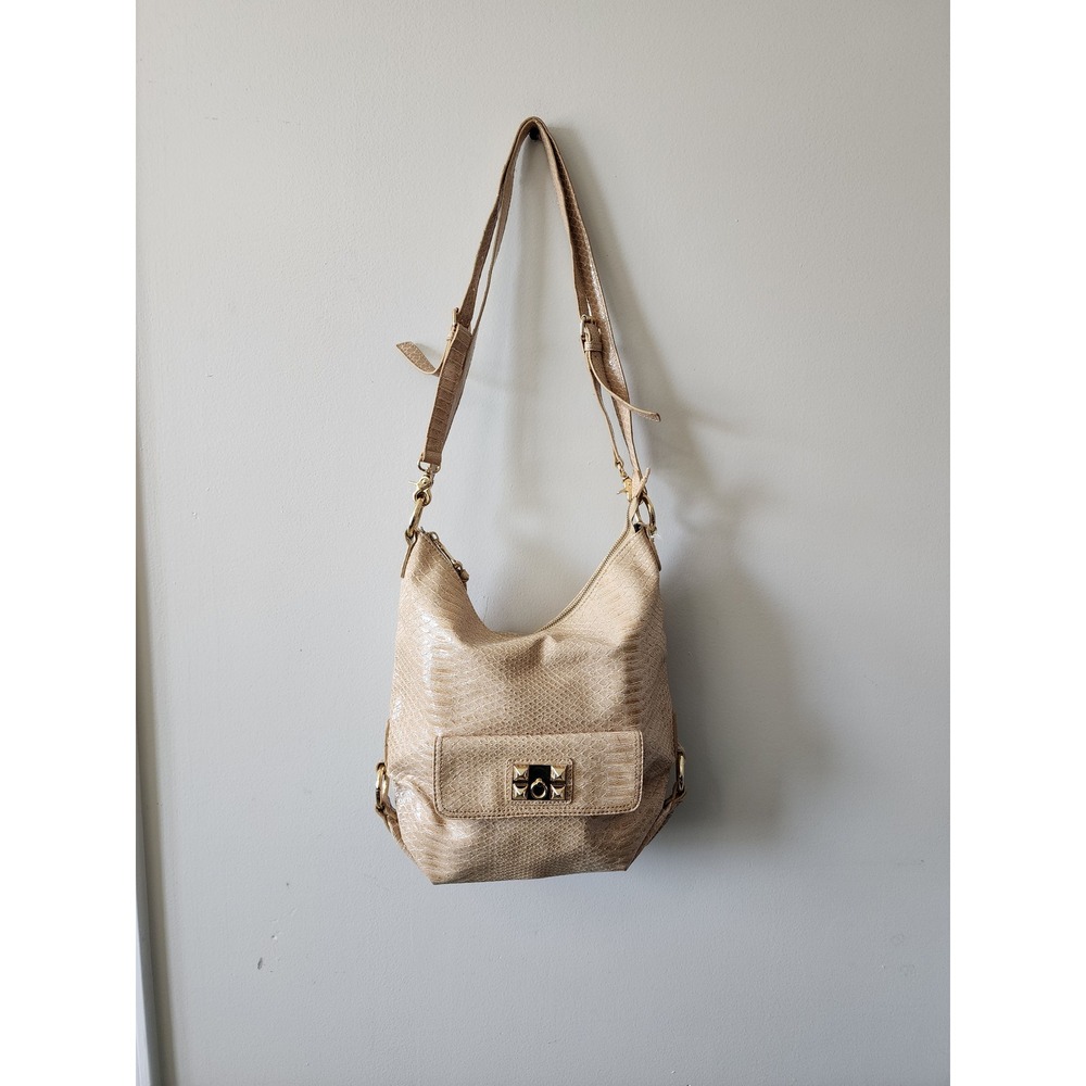 Gianni Bini Beige Snakeskin Embossed Hobo Bag Gold Studded Crossbody Handbag